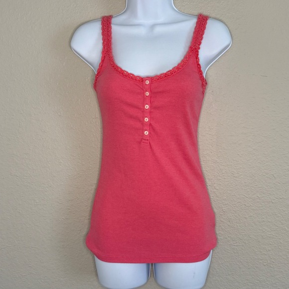 Old Navy Tops - Y2K Elena Bella Pink Fairy Ribbed Henley Tank Crochet Trim Women Medium Layer‎